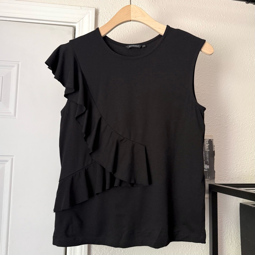 MARIMEKKO‎ black soft crew neck asymmetrical ruffle cropped tank tee shirt